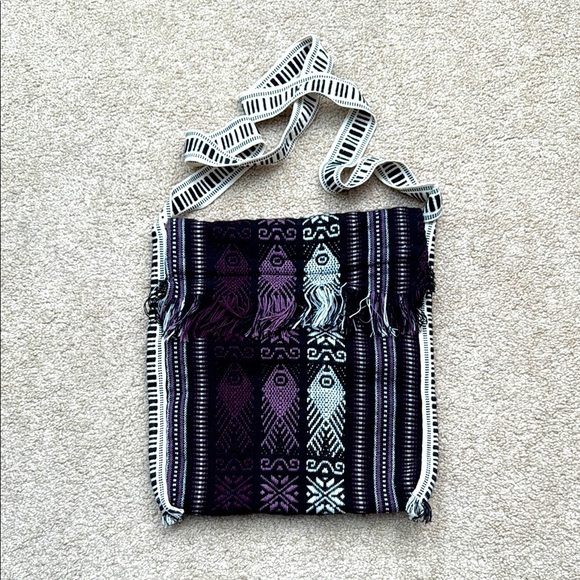 Bohemian Patterned Shoulder Bag Woven Black and Purple Purse OS - Picture 1 of 8
